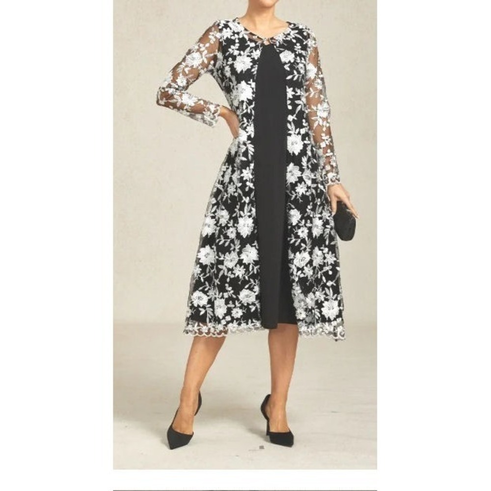 Msglamor Long Floral Embroidered Lace Dress Jacket - Black/White - XL - $130